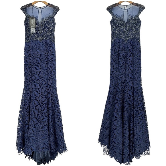 Mac Duggal Stunning Mesh Princess Beaded Lace Midnight Mermaid Maxi Gown Size 8 - Picture 1 of 17
